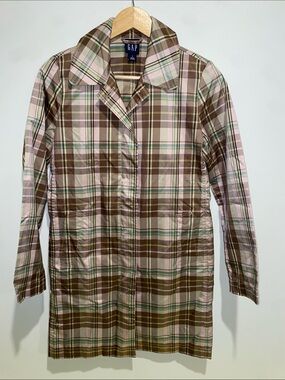 GAP Plaid Trench Coat in Brown, Pink & Green